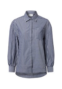 Striped button-up shirt with a mix of navy and white horizontal stripes, featuring a chest pocket and puffed sleeves. Cotton blend material.