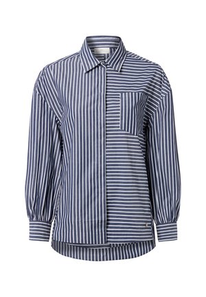 Gestreepte knoopshirt met een mix van marineblauwe en witte horizontale strepen, voorzien van een borstzak en geplooide mouwen. Gemaakt van een katoenmix.
