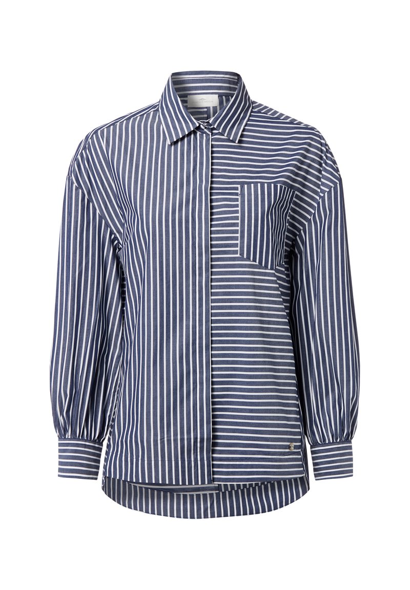 Striped button-up shirt with a mix of navy and white horizontal stripes, featuring a chest pocket and puffed sleeves. Cotton blend material.