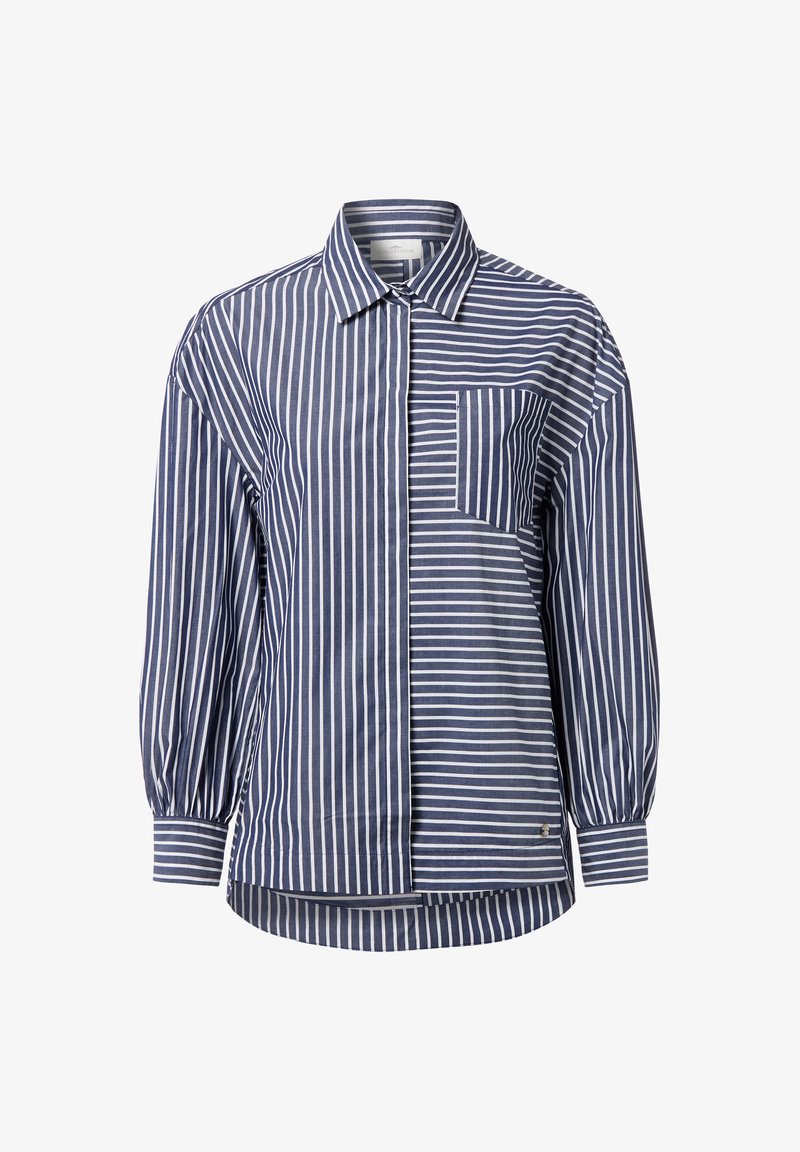 Striped button-up shirt with a mix of navy and white horizontal stripes, featuring a chest pocket and puffed sleeves. Cotton blend material.