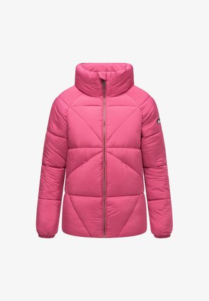 Rosa polstret jakke med høj krave, forsynet med en frontlynlås og geometrisk quilteskabelon. Materialet ser blødt ud med en glat tekstur.