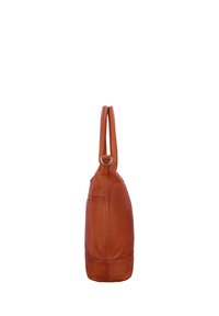 Borsa tote in pelle marrone vista di lato con due manici e dettaglio ad anello argentato sull'attacco dei manici.