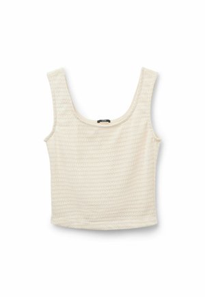 Kremowy krótki top bez rękawów z teksturowanymi poziomymi paskami i zaokrąglonym kwadratowym dekoltem.