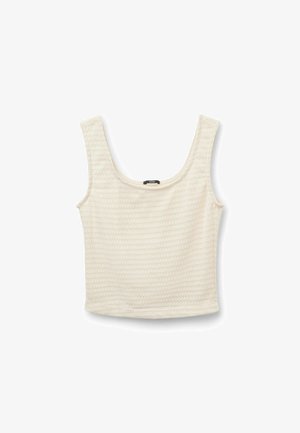 Krémově zbarvený bezrukávový krátký top s texturovanými vodorovnými pruhy a zaobleným čtvercovým výstřihem.
