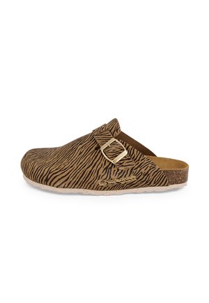 Brown and tan zebra-striped clogs with a buckle accent, cork footbed, and textured surface, featuring a light-colored rubber sole.