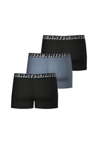 Lot de trois boxers en noir et bleu clair. Tissu doux et extensible avec une ceinture noire affichant un texte blanc.