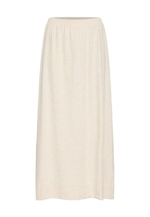 Maxi skirt in a light beige color, made from a textured fabric. Features an elastic waistband and a straight-cut design with no patterns.