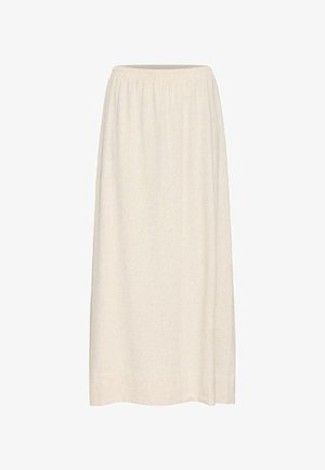 Maxi skirt in a light beige color, made from a textured fabric. Features an elastic waistband and a straight-cut design with no patterns.