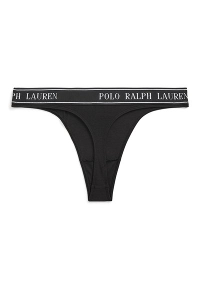 Melnas kokvilnas string biksītes ar platu elastīgu jostu, uz kuras redzams "POLO RALPH LAUREN" logo baltā krāsā un neliela rievota tekstūra.