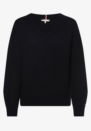 Sort V-hals kabelstrikket sweater med lange ærmer, ribbede manchetter og et lille logo på venstre manchet.