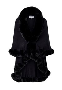 Svart kappa gjord av mjukt tyg, med en plysjliknande krage och fåll. Designen är öppen framtill med rundade accenter.