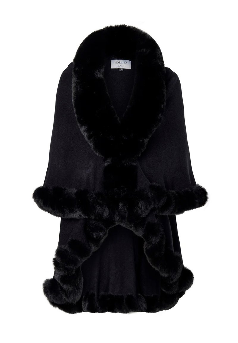 Svart kappa gjord av mjukt tyg, med en plysjliknande krage och fåll. Designen är öppen framtill med rundade accenter.