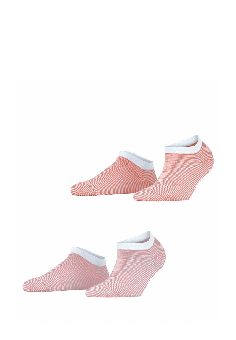 Chaussettes de cheville rayées rouge et blanche avec un revers blanc. Texture douce et design sans couture. Quatre paires exposées, deux au-dessus et deux en dessous.