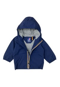 Giacca blu navy con fodera grigia del cappuccio, chiusura con zip e maniche elastiche. Presenta una striscia colorata vicino alla zip.