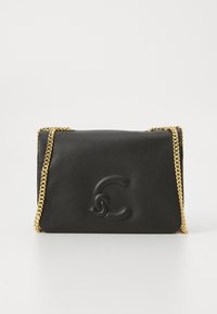 Black leather handbag with a raised logo, featuring a gold chain strap and a smooth texture. Compact rectangular shape with minimal detailing.