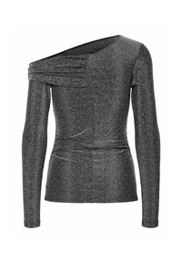 Asymmetrisk langermet topp i mørkegrå med metallisk glans. Har folder på den ene skulderen og en innsvingt midje for struktur.