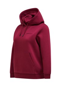 Felpa bordeaux con tasca a marsupio, cappuccio regolabile con cordino e polsini a costine. Presenta un logo ricamato sul davanti. Tessuto morbido.
