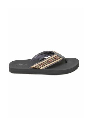Black flip-flop sandal with thick sole and fabric thong strap featuring beige, gray, and orange woven patterns.