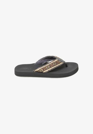 Black flip-flop sandal with thick sole and fabric thong strap featuring beige, gray, and orange woven patterns.