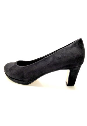 Black suede pump with a rounded toe, low block heel, and smooth texture. Features a subtle platform and minimal accents.