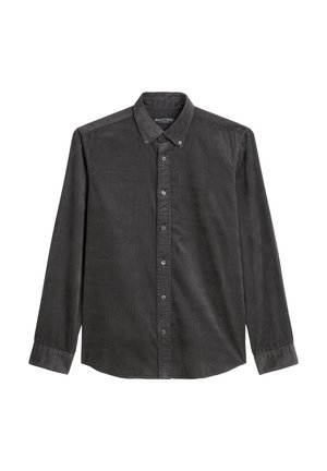 Donkergrijze corduroy shirt met lange mouwen, button-down kraag en sluiting met knopen aan de voorkant. Heeft een gestructureerde stof en een normale pasvorm.