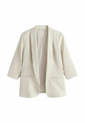 Cremefarbener Damenblazer mit offenem Vorderteil, Schalkragen, 3/4-Ärmeln und zwei vorderen Paspeltaschen.