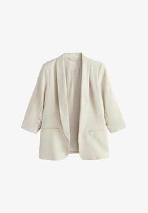 Veste blazer femme couleur crème avec devant ouvert, col châle, manches 3/4 et deux poches passepoilées à l'avant.