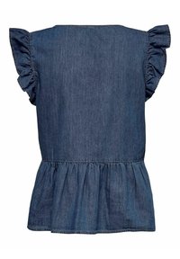 Haut sans manches bleu denim avec des manches courtes volantées et une taille péplum froncée, confectionné en tissu chambray léger.