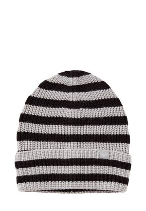 Beanie a righe grigie e nere realizzato in morbido filato testurizzato, con risvolto e una piccola etichetta con il logo sul lato.