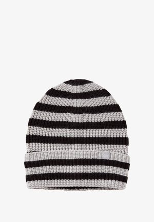 Grijze en zwarte gestreepte gebreide muts gemaakt van zachte, gestructureerde garen, met een omgeslagen rand en een klein logo-label aan de zijkant.