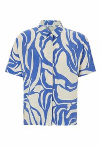 Camicia a maniche corte in blu e bianco con un motivo astratto ondulato. Presenta un colletto classico e una chiusura frontale con bottoni. Realizzata in tessuto leggero.
