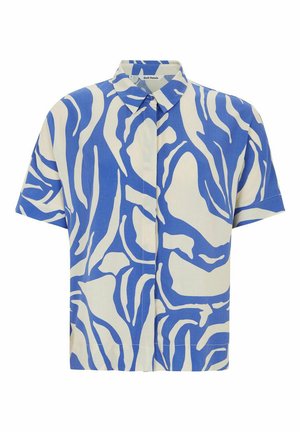 Kratkām piedurknēm krekls zilā un baltā krāsā ar viļņainu abstraktu rakstu. Iespējo klasisko apkakli un pogu priekšpusi. Izgatavots no viegla auduma.