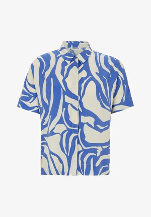 Kortærmet skjorte i blå og hvid med et bølget abstrakt mønster. Har en klassisk krave og knaplukning foran. Lavet af letvægtsstof.