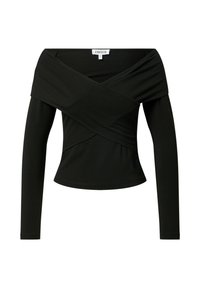 Schwarzes Off-Shoulder-Oberteil mit langen Ärmeln, das ein Überkreuzdesign an der Brust und eine taillierte Passform aufweist. Aus weichem, dehnbarem Stoff gefertigt.