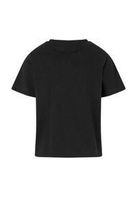 Zwarte T-shirt met korte mouwen en een ronde hals, gemaakt van zachte stof, met een effen ontwerp en een rechte zoom aan de achterkant.