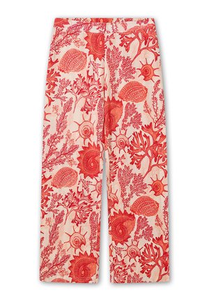Pantalon en tissu beige clair avec motif de corail rouge et de coquillage. Présente une coupe décontractée avec une taille élastique.