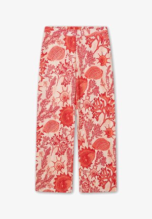 Pantalon en tissu beige clair avec motif de corail rouge et de coquillage. Présente une coupe décontractée avec une taille élastique.