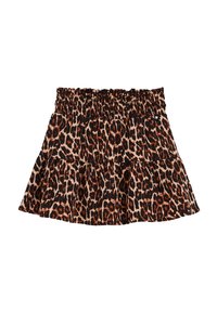 Luipaardprint gelaagd rokje met een smocktail. De stof heeft tinten bruin en zwart in een zachte, gestructureerde kwaliteit.