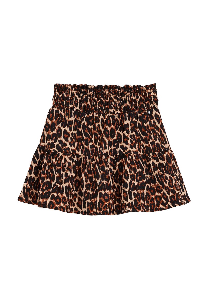 Luipaardprint gelaagd rokje met een smocktail. De stof heeft tinten bruin en zwart in een zachte, gestructureerde kwaliteit.