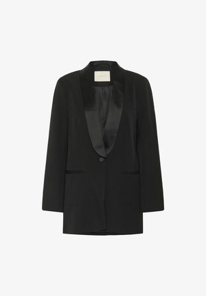 Blazer nero con rever in satin, chiusura con un bottone, due tasche frontali e vestibilità rilassata. La texture del tessuto appare liscia.