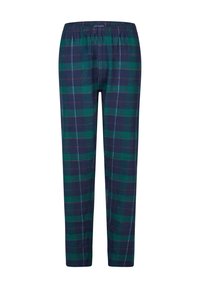 Geruite pyjamabroek in groen- en marineblauwtinten, met een elastische tailleband en een ontspannen pasvorm. De stof heeft een zachte textuur.