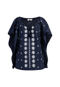 Blusa di cotone blu navy con ricami floreali bianchi sulla parte anteriore, scollatura ampia e maniche morbide. Dettaglio a frange sulla scollatura.