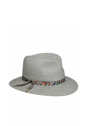 Light gray woven sun hat with a wide brim and a multicolored zigzag patterned band tied in a bow around the crown.