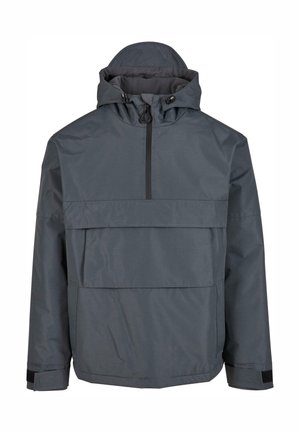 Grå huva jacka gjord av lätt, vattenavvisande tyg. Har en halvdragkedja fram, stor framficka och justerbara ärmslut.
