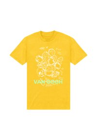 Žluté bavlněné tričko s bílým abstraktním motivem obličejů a textem "VAN GOGH" v světlé modré barvě, s kulatým výstřihem a krátkými rukávy.