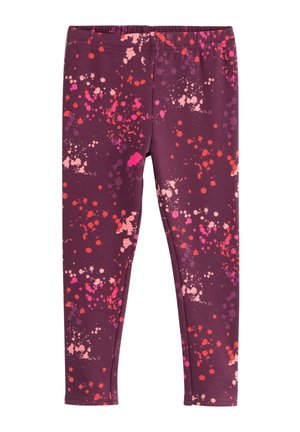 Lila leggings med ett stänkmönster i nyanser av rosa, orange och ljusgräddfärg, med en elastisk midjeband för komfort.
