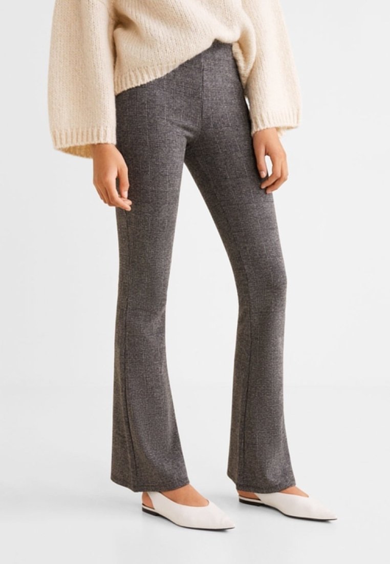 Gray flared pants with a checked pattern, made of a smooth fabric, featuring a mid-rise waist and fitted through the thighs.