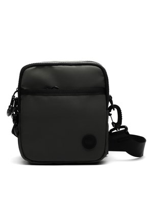 Black rectangular messenger bag with a zippered main compartment, front pocket, and adjustable strap; made of durable, textured material.