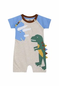 Kurzärmeliger Overall in Hellgrau mit blauen und braunen Akzenten; ausgestattet mit Applikationen von Dinosauriern – Triceratops und T-Rex – mit strukturierten Details und Farben.