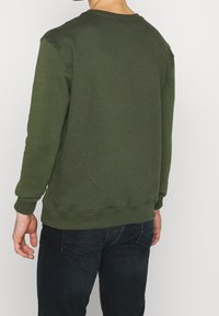 Sudadera verde con mangas largas, cuello redondo y puños y dobladillo acanalados. Fabricada en tejido suave, se muestra desde la parte posterior sin logotipos visibles.